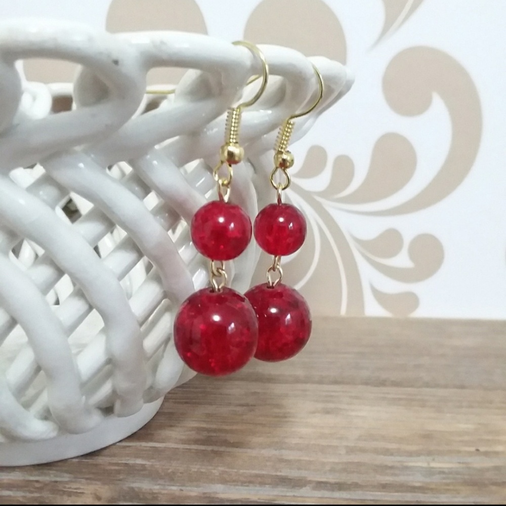 Red Crackle Glass Gold Tone Hook Earrings
